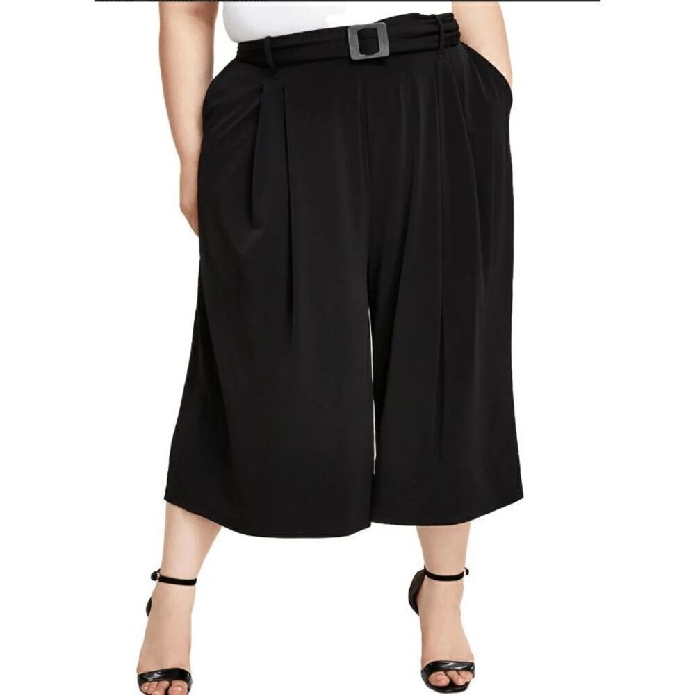 Calvin Klein Women's Plus Black Pleated Belted Cropped Wide Leg Pants 1X
